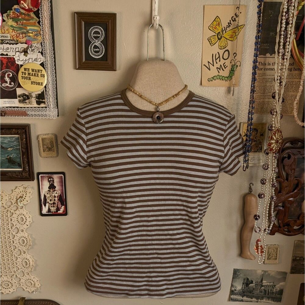 Brandy Melville Striped Baby Tee T-Shirt Women's Small Brown Blue Fitted